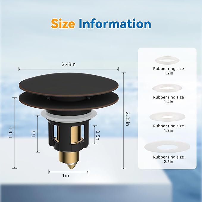 iFealClear Universal Bathroom Sink Stopper, Metal Pop Up Sink Drain Strainer with Hair Catcher, Fit 1.1"-2.36" US Basin, Wash Basin Drain Plug, Big Cover Cap, Brass Bounce Core, Oil Rubbed Bronze
