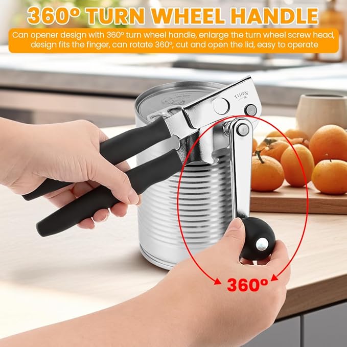 Manual Can Opener, Heavy Duty Ergonomic Design with Folding Crank Handle, Smooth Edge Cutting for Home & Commercial Use, Senior-Friendly, Durable Stainless Steel Construction