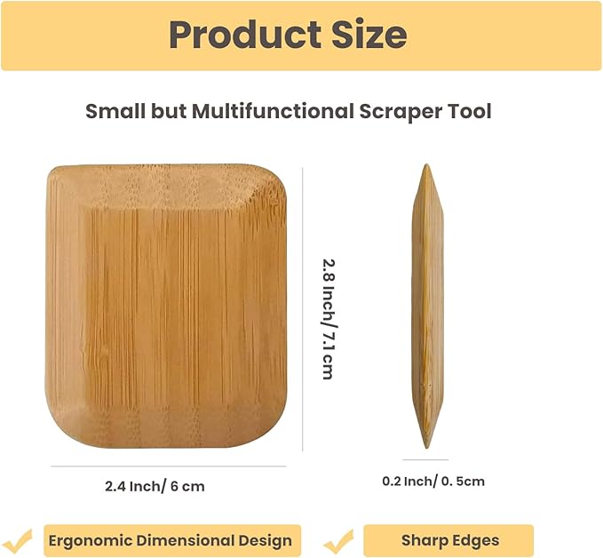 Bamboo Pan Scraper Tool (Pack of 6), Size 2.8" x 2.4" Eco-Friendly Pot Scraper,Clean Pans, Dishes, Bowls, and Plates, Removes Food Effectively Without Scratching