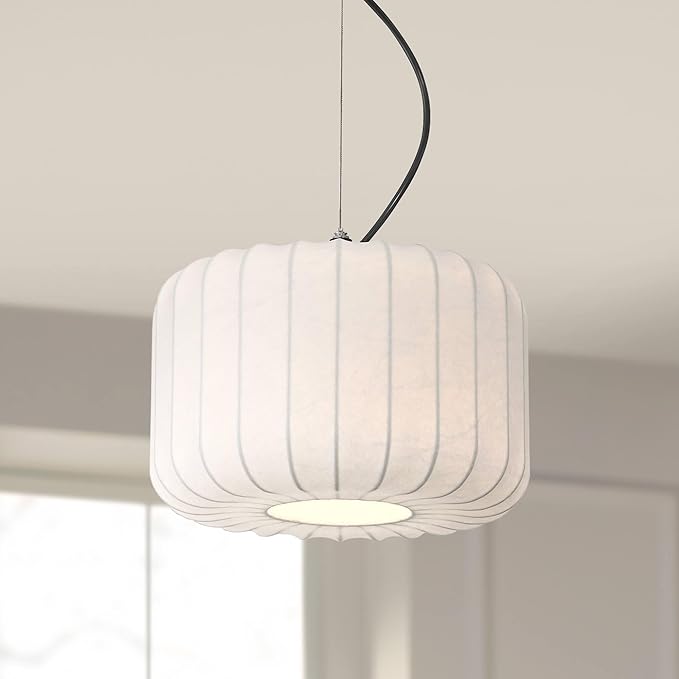 Possini Euro Design Jaime 12" Modern Pendant Ceiling Light Fixture Dining Room Over Table Kitchen Island Foyer Drum Hanging Round Matte Black and White Metal Fabric Hallway Entryway Living Room Mini