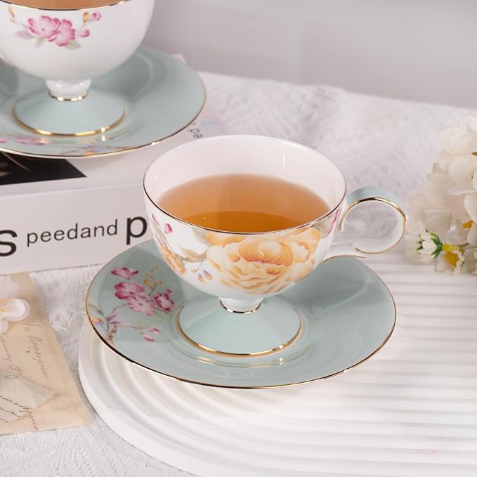 KAMMAK Ceramic Coffee Cups Saucers Set of 2, Porcelain Espresso Cups with Saucers, 7.44 oz Handcrafted Elegant Bone China Tea Cups, Yellow Peony Floral Pattern Teacup for Party, Office, Women Gift