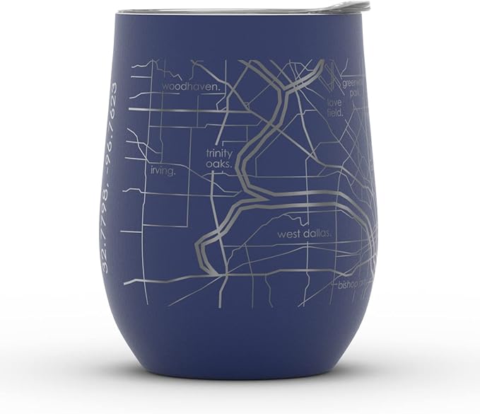 Well Told Engraved Dallas Texas Map Insulated Wine Tumbler, Etched Stainless Steel Cup (12 oz, Midnight Blue) City Map Insulated Tumbler, Custom Insulated Tumbler, Outdoor Drinkware
