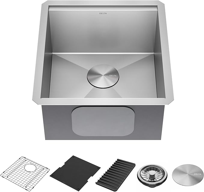 DELTA FAUCET Rivet 17-inch Workstation Bar Prep Kitchen Sink Undermount 16 Gauge Stainless Steel Single Bowl with WorkFlow Ledge and Kit of 5 Accessories, 95B9031-17S-SS