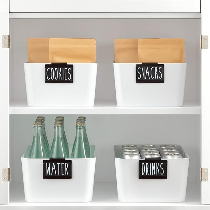 Talented Kitchen Basket Labels Clip-On Metal Label Holders - Black, 3.5 x 2.5 in, 8 Pack - Includes 40 Preprinted Bin & Shelf Tags for Storage Bins & Pantry Organization