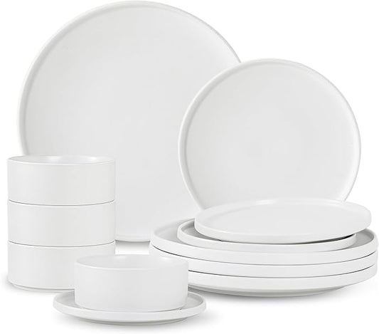 12 Piece Ceramic Dinnerware Set for 4, Modern Minimalist Stoneware Dinner Plates and Bowls, Microwave Safe, Dishwasher Safe, Versatile for All Seasons, Matte White