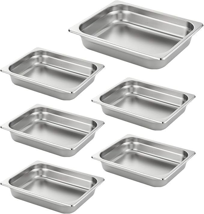 HECMAC 6 Pack Anti-Jam Hotel Pans, 1/2 Size 2 1/2 Inch Deep, Commercial Stainless Steel Chafing Steam Table Pan, Catering Storage Metal Food Pan, 23 Gauge