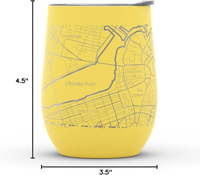 Well Told Engraved Boston Massachusetts Map Insulated Wine Tumbler, Etched Stainless Steel Cup (12 oz, Sunrise Yellow) City Map Insulated Tumbler, Custom Insulated Tumbler, Outdoor Drinkware