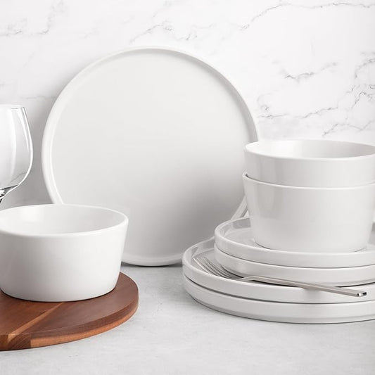 Zulay Kitchen Terra Stoneware Dinnerware Set, Artisanal Ceramic Plates and Bowls Set Crafted at 2300℉ - Service for 4, Frost White