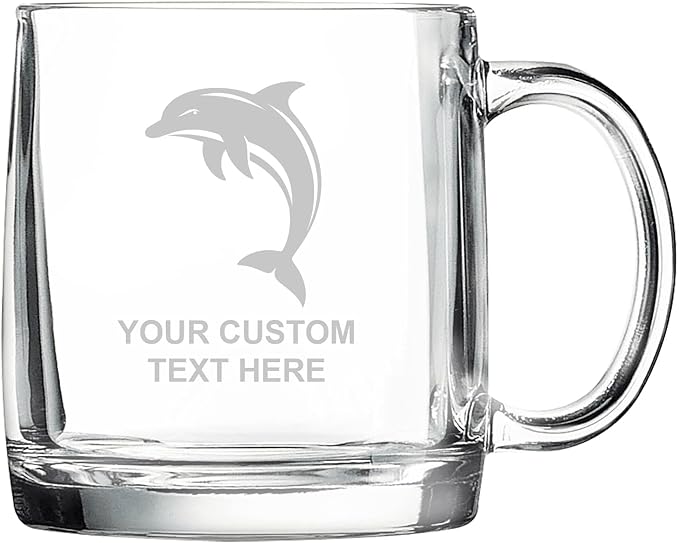 Dolphin, Personalized 12.5 oz Polar Camel Glass Coffee Desk Mug – Custom Laser Engraved Clear Cup for Tea, Espresso, Latte, Whiskey - Microwave Safe/Made in USA