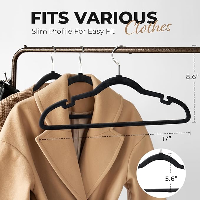 30 Pack Velvet Hanger for Shirt Pants Dresses Skirts Suits Jackets - Slim Space Saving Design - Standard Coat Hanger - Sturdy & Durable Design with Shoulder Grooves Hook - Black