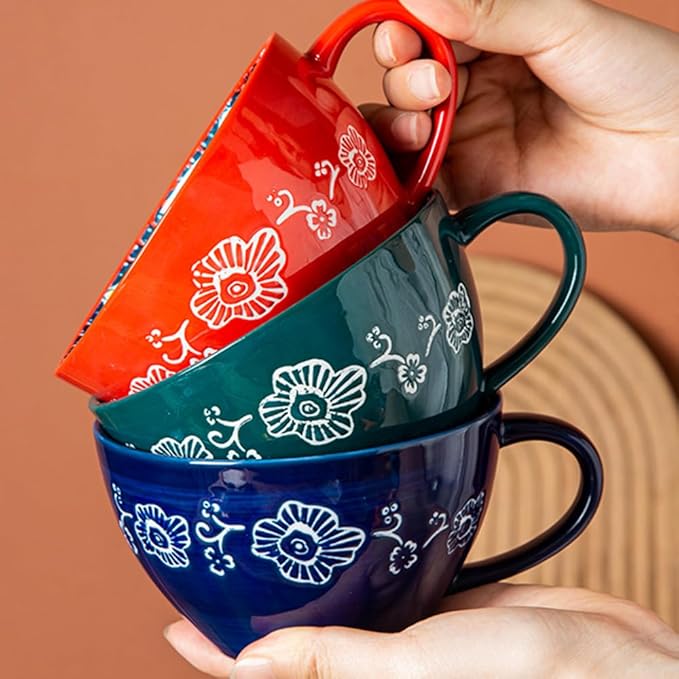 Bohemian Hand-Painted Ceramic Mug, 15 Oz Large Coffee Cup for Milk, Tea, and Breakfast, Dishwasher & Microwave Safe Artisan Cup, Mug Green-A