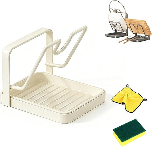 Kitchen Pot Lid Storage Rack with Tray, Pot Lid Organizer Rack While Cooking, Multifunctional Carbon Steel Kitchen Pot Lid and Spoon Storage Rack for Counter (Beige, Single-Layer)