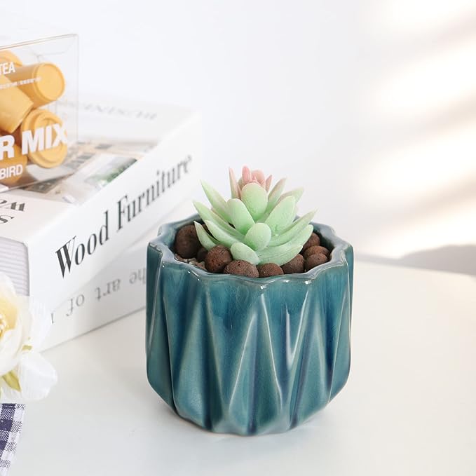 Plant Pot 4 Inch Ceramic Pots, Set of 2 Flower Pots Crackle Glaze Small Planters Pots with Drainage Hole and Mesh Pads for Indoor Outdoor Gardern Pots Succulent, Cactus, Herbs (Green)