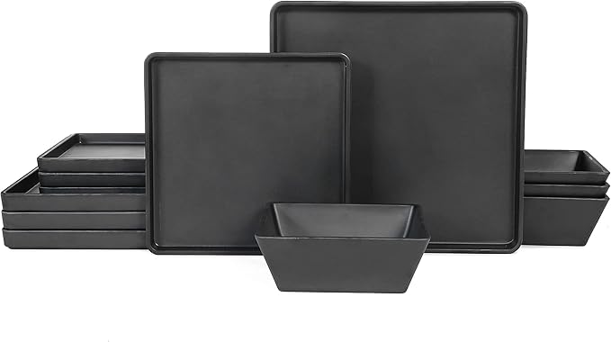 Melamine Dinnerware Sets - 12pcs Square Plates and Bowls Set, Dishes Set, Black
