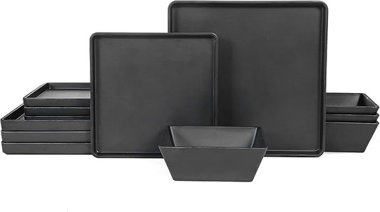 Melamine Dinnerware Sets - 12pcs Square Plates and Bowls Set, Dishes Set, Black