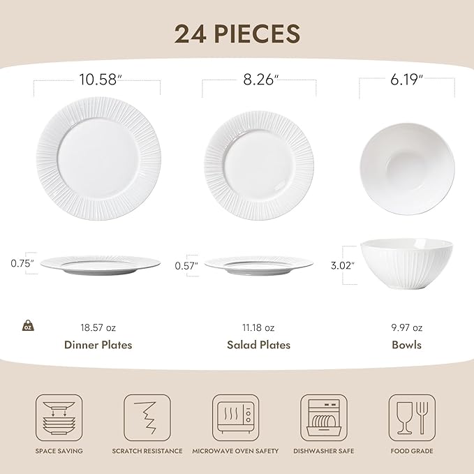 KINGSTONE 24-Piece Bone China Dinnerware Set with 40-Piece flatware, White Lightweight Porcelain Service for 8, for Family Dining, Restaurants, Gifting，Microwave and Dishwasher Safe