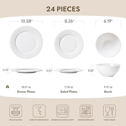 KINGSTONE 24-Piece Bone China Dinnerware Set with 40-Piece flatware, White Lightweight Porcelain Service for 8, for Family Dining, Restaurants, Gifting，Microwave and Dishwasher Safe