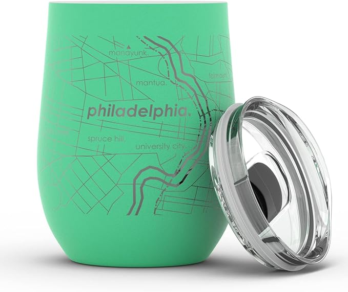 Well Told Engraved Philadelphia Pennsylvania Map Insulated Wine Tumbler, Etched Stainless Steel Cup (12 oz, Sunday Green) City Map Insulated Tumbler, Custom Insulated Tumbler, Outdoor Drinkware