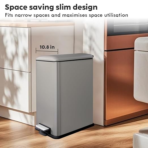 12 Gallon Slim Kitchen Trash Can, Rectangular Trash Can with Lid, Removal Inner Liner, Foot Pedal, Stainless Steel Garbage Can 45 Liter (Kohler's Steel Gray)
