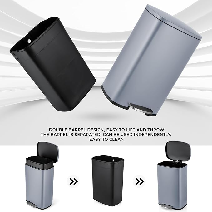 13.2 Gal Kitchen Trash Can, 50L Recycling or Garbage Bin, Brushed Stainless Steel Waste Basket, Soft&Quiet Close Dustbin, with Step-On Pedal, Removable Inner Bucket, for Home, Office, Living Room