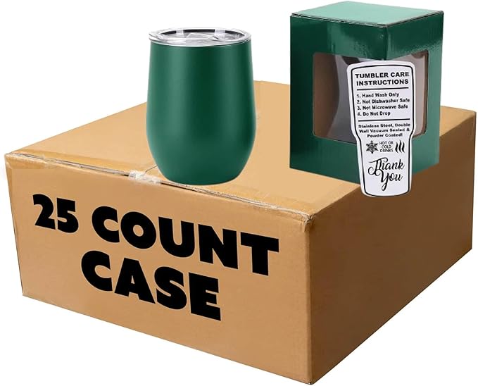 makerflo 12 oz Green Powder Coated Wine Tumbler with Leak-Proof Clear Lid - Pack of 25, Ideal for Craft and Personalization (Laser Engraving, UV DTF, Epoxy, and Vinyl)