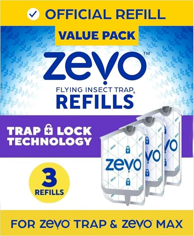Zevo Flying Insect Trap Refills – 3 Cartridge Pack | Compatible with Zevo Plug-in Indoor Traps | 24/7 Protection from Flies, Fruit Flies & Gnats