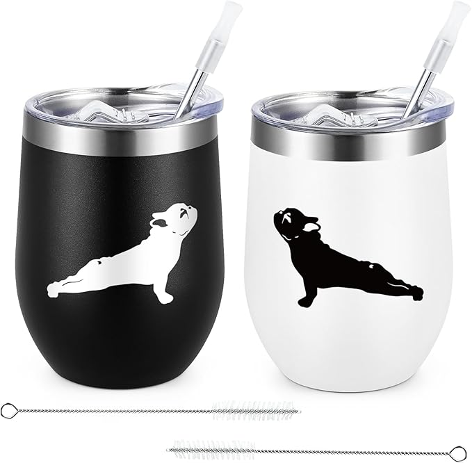 Lifecapido Dog Lover Gifts, French Bulldog Silhouette Insulated Wine Tumbler Set of 2, French Bulldog Gifts for Women Men, Christmas Birthday Gifts for Dog Mom Dad Dog Lovers (12oz, Black&White)