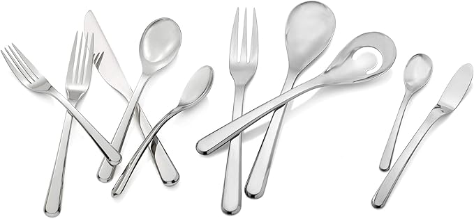 Nambé Aura 45-Piece Silverware Set – Contemporary Stainless Steel Flatware with Polished Mirror Finish, Includes 8 Place Settings & Serving Pieces – Stylish Cutlery for Dining & Hosting