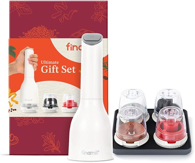 FinaMill Ultimate Gift Set – Battery Operated Spice Mill with 4 Interchangeable Spice Pods & Slate Quartet Stackable Tray, Adjustable Coarseness, Ceramic Grinder, LED Light, Easy One-Handed Operation