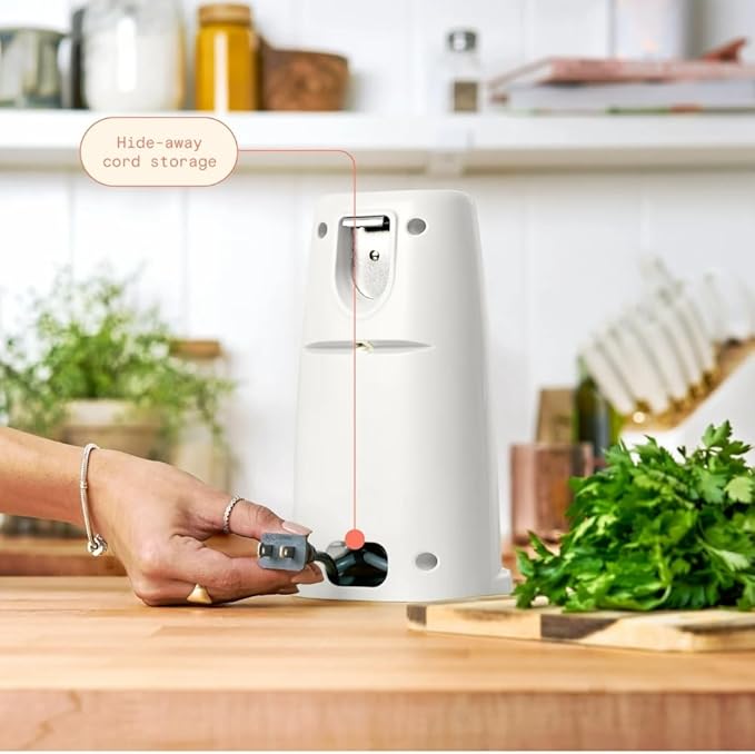 Beautiful Easy-Prep Electric Can Opener, Stainless Steel Blade, Built-in Knife Sharpener, Auto-Stop Safety, Cord Storage by Drew Barrymore (White)