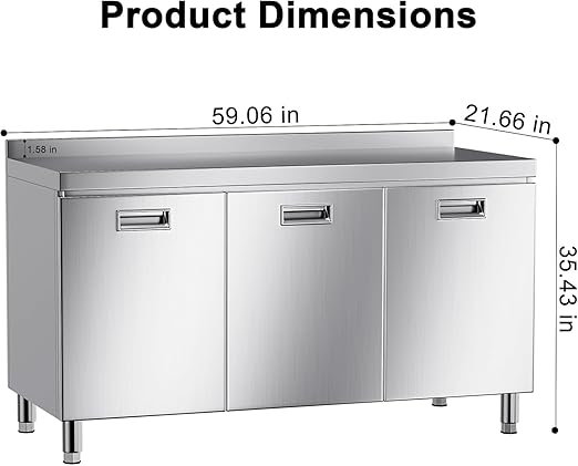 ZZV 59" x 21" Stainless Steel Table Cabinet for Prep & Work, Heavy Duty Prep Table with 3 Pull-Out Doors, Commercial Workbench with Cabinet for Kitchen, Restaurant, Hotel, Garage, and Warehouse