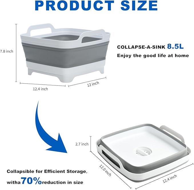 Collapsible Dish Basin, 2.4 Gallon Foldable Kitchen Sink with Drain Plug for Space-Saving Dish Washing, Vegetable & Baby Bottle Cleaning