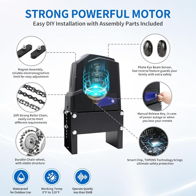 TOPENS CF800 Fast Sliding Gate Opener Chain Drive Automatic Gate Motor for Heavy Driveway Slide Gate Up to 1800 Pounds, Electric Gate Operator AC Powered with 20ft Roller Chain and Remote Control
