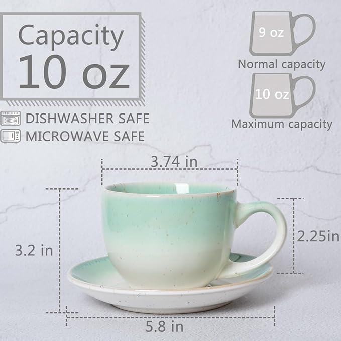 Bosmarlin Ceramic Cappuccino Cup and Saucer Set of 2, 10 Oz, Dishwasher and Microwave Safe, Coffee Cups for Latte, Espresso, Tea, Reavtive Glaze (Green)