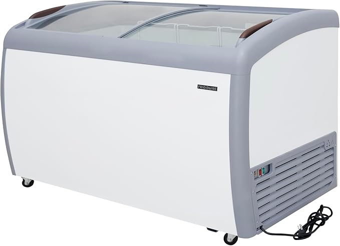 Frigidaire Commercial Chest Freezer for Ice Cream and Frozen Foods, Store Displayer, Glass Top Storage Case, 9 Cu. Ft. Bin, Rolling Caster Wheels, Adjustable Temperature, Energy Efficient Cooling