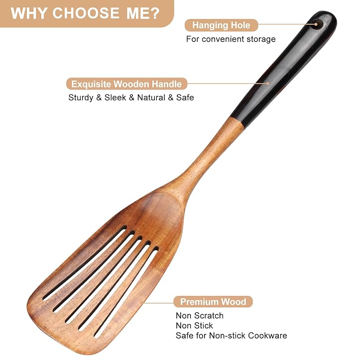 2 Pcs Wooden Spatula Set for Cooking Non Toxic Teak Kitchen Utensils Slotted Pancake Turner Flat Wood Wok Spatulas Bamboo Spoon for Cooking Utensil Set Spurtle Scraper Black Fish Egg Flipper Spatula