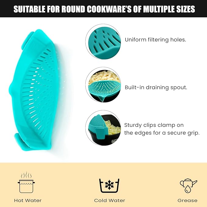 Clip On Kitchen Food Strainer for Spaghetti, Meat, Pasta, & Ground Beef Grease, Colander & Sieve Snaps or Clips Onto Bowls, Pots & Pans Includes Silicone Drainer, Brush & Garlic Peeler (Aqua)