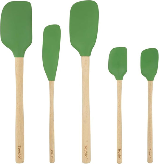 Tovolo Silicone Spatula with Wooden Handle Set of 5 Piece Silicone Kitchen Utensil Set Spoonula Jar Scraper Mini Spatula and Spoonula for Cooking Baking Mixing Folding Pesto Green