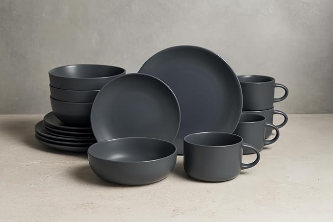 10 Strawberry Street Wazee Matte Coupe Dinnerware Set, 16 pc, Charcoal Gray