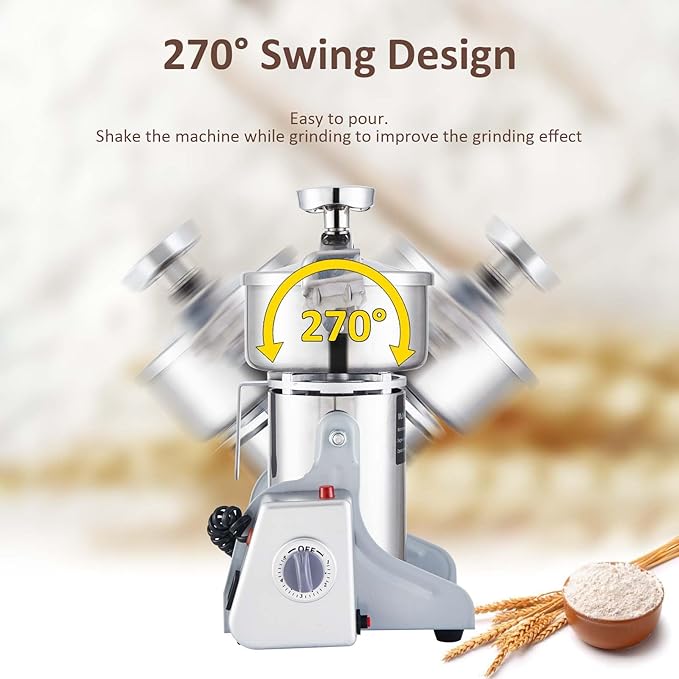 Electric Grain Mill Grinder 2000W Dry Material Grinding Machine 800g Stainless Steel Pulverizer 36000r/min High-speed Grain Mill 270° swingable Superfine powder for Home and Commercial 800g