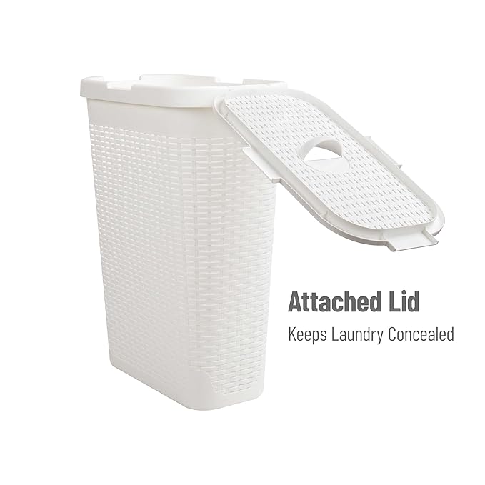 Mind Reader Slim Laundry Hamper with Lid, 40L Clothes Basket, Premium Wicker Design, Plastic, Set of 2, White
