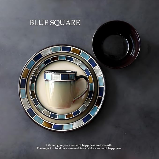 Ceramic Dinnerware Set of 4, 4 Pieces Dishes Set,Plate and Bowl Set, Unique Gift Idea, Scratch Resistant Dishes, Dishwasher & Microwave Safe(Blue)