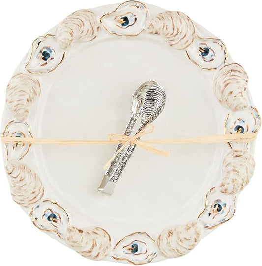 Mud Pie Oyster Round Platter; platter 12" dia | tongs 5 1/2"