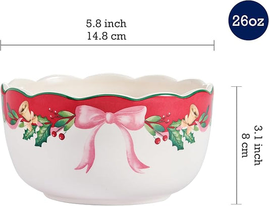 Bico Ribbon Christmas Cereal Bowls Set of 4, 26 oz Deep Ceramic Soup Bowls for Cereal, Salad, Noodles, Kitchen, Microwave and Dishwasher Safe, Gift for Housewarming and Christmas