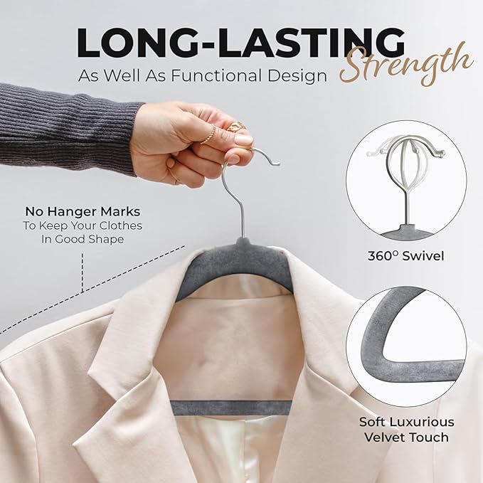 50 Pack Velvet Hanger for Shirt Pants Dresses Skirts Suits Jackets - Slim Space Saving Design - Standard Coat Hanger - Sturdy & Durable Design with Shoulder Grooves Hook - Grey