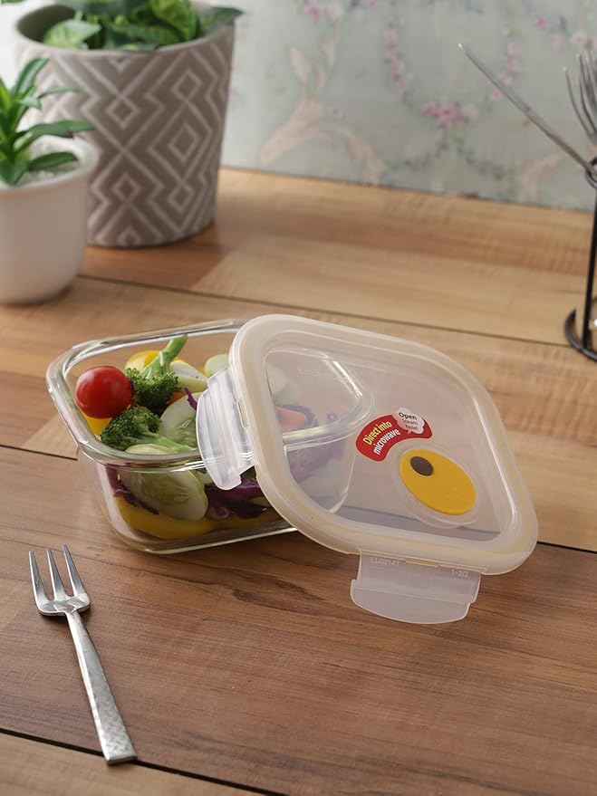 LOCK & LOCK Purely Better Glass Food Storage Container with Steam Vent Lid, Square-17 oz, Color may vary
