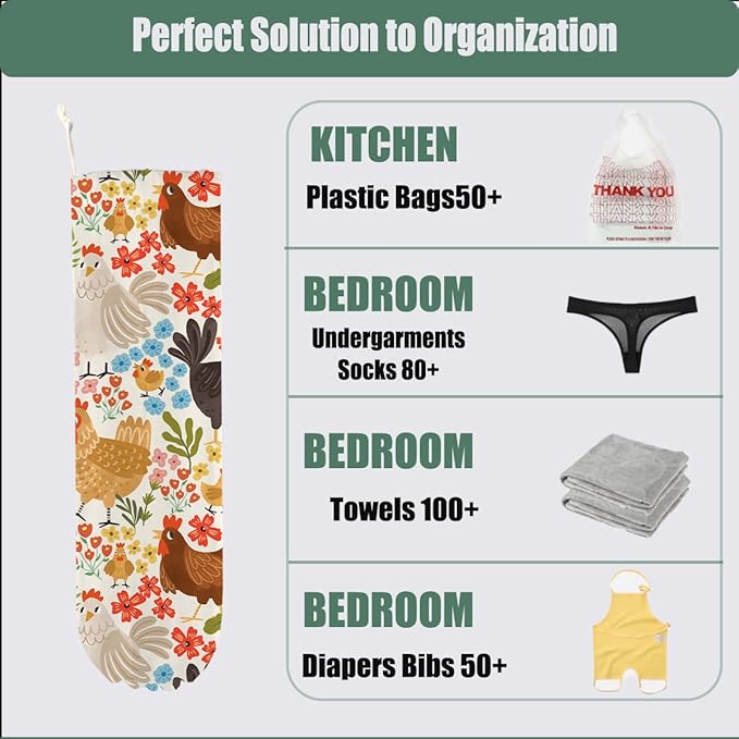 Chicken Gifts Plastic Bag Holder, Flower Wall Mount Grocery Bag Holder for Plastic Bags, Large Washable Grocery Bags Storage Dispenser for Home Kitchen Pantry Decor, Funny Chicken Gifts for Women Mom