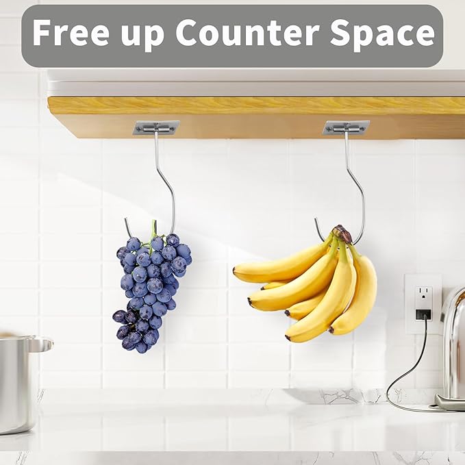 Self-Adhesive Banana Hooks, Foldable Magnetic Hanger Under Cabinet, Sturdy Metal Banana Holder for Kitchen, Space-Saving Design to Keep Bananas Fresh 3 Pieces Silver