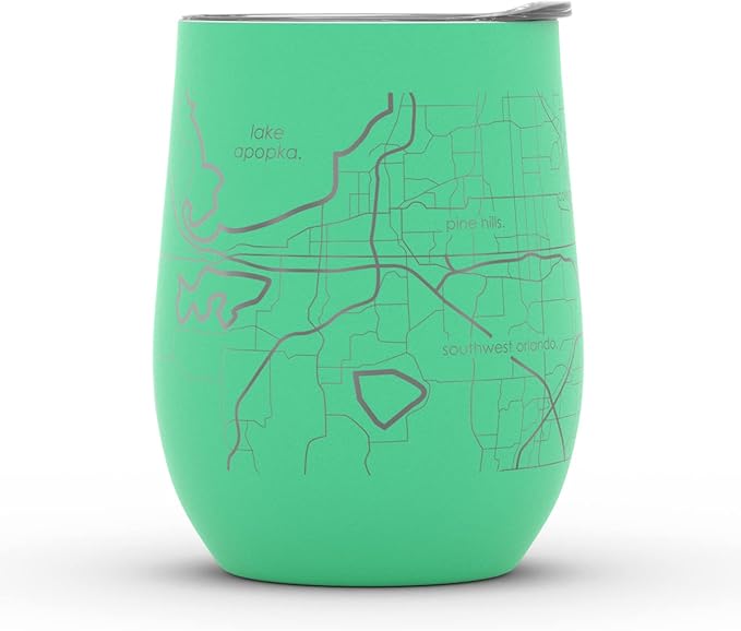 Well Told Engraved Orlando Florida Map Insulated Wine Tumbler, Etched Stainless Steel Cup (12 oz, Sunday Green) City Map Insulated Tumbler, Custom Insulated Tumbler, Outdoor Drinkware
