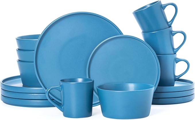 Plates and Bowls Sets for 4 - CJDC-QUELO 16 Piece Stoneware Dinnerware Sets with Mugs, Ceramic Dishware Sets for Kitchen Dining Use, Chip and Scratch Resistant Microwave Dishwasher Safe, Blue